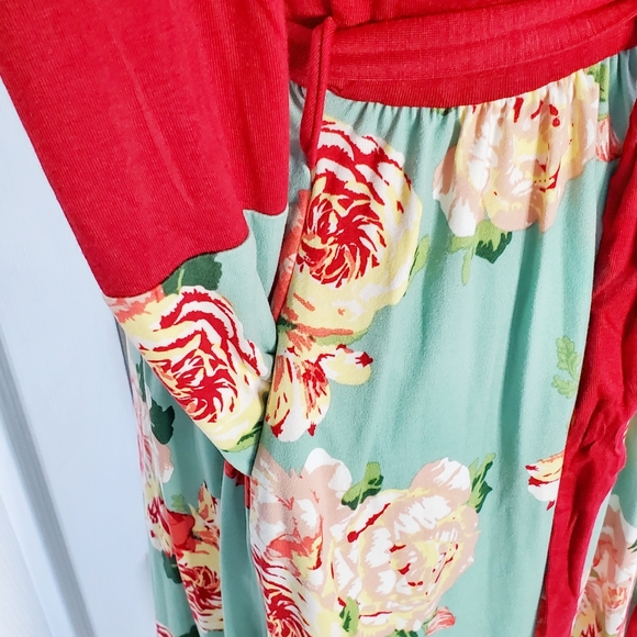 Reb & J Maxi Dress Vintage Floral Aqua  Green Red Elastic Waist NWOT Medium - Picture 7 of 16